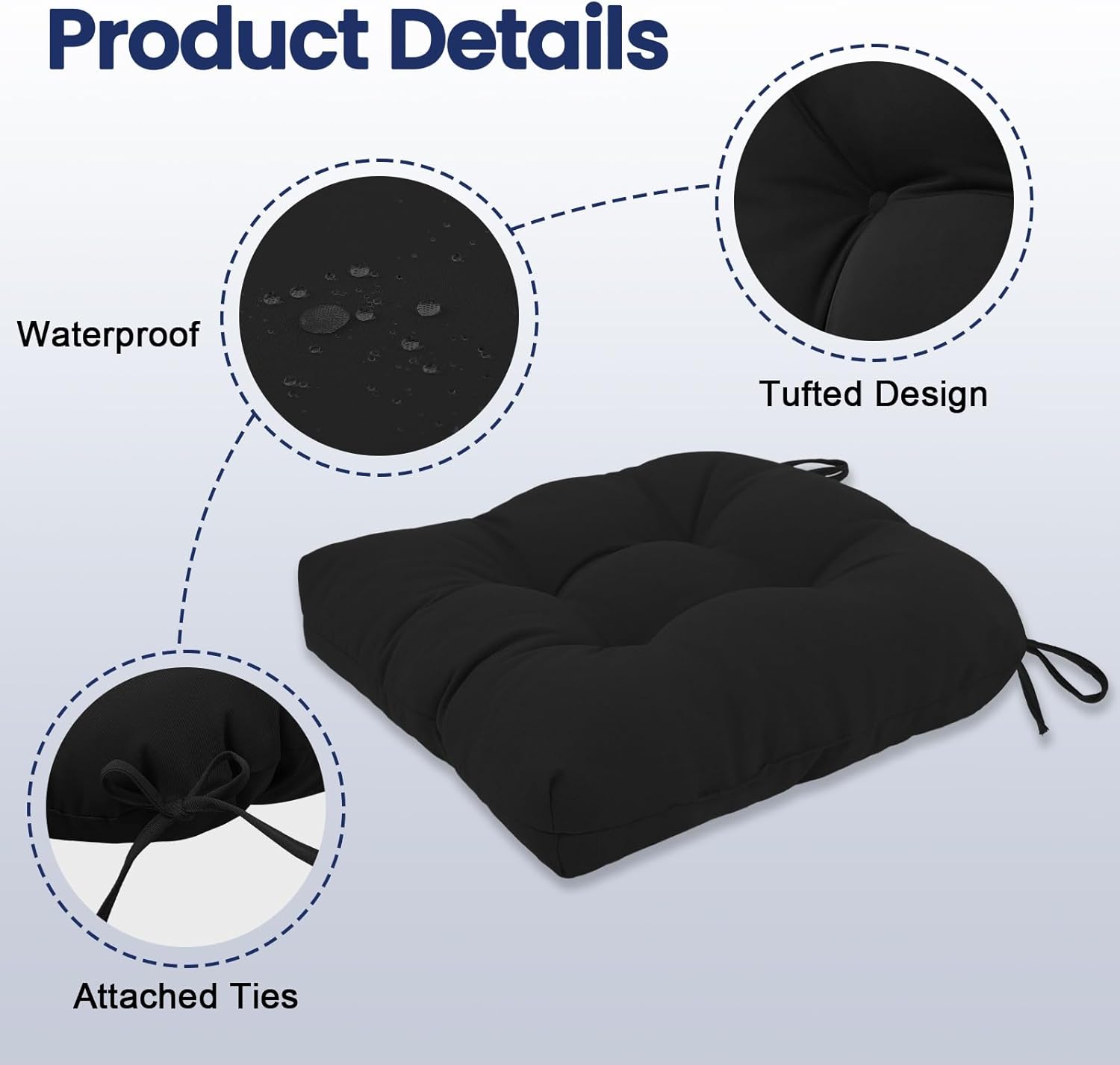 idee-home Outdoor Chair Cushions Set of 4, Patio Chair Cushions Thick 17 x 17 x 4 Inch Tufted Seat Cushions for Outdoor Furniture Waterproof with Ties, Dining Pads Black