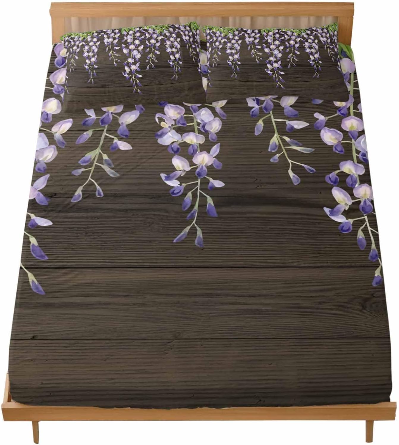 Purple Flowers Queen Fitted Sheet Set, Weeping Spring Floral Wooden Pastoral Soft Deep Pocket up to 16"-Easy Fit Bed Sheets with Elastic Strap, Breathable Micorfiber Bedding Set with Pillowcase