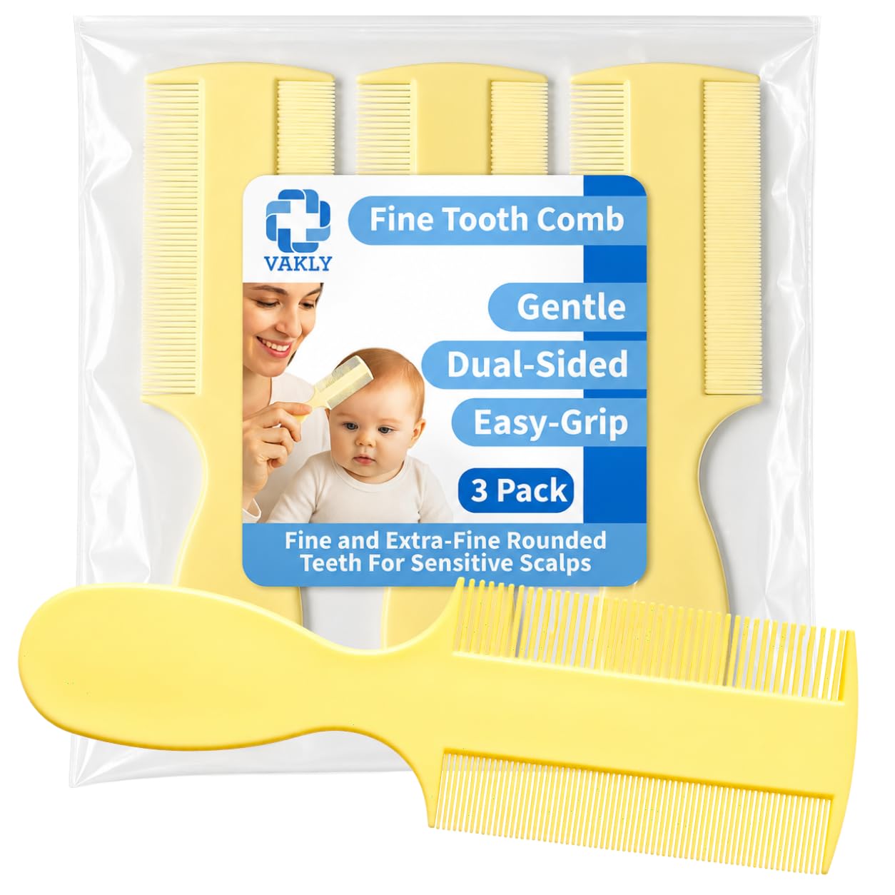 Peine de dientes finos [Pack de 3] dientes redondeados de doble cara finos y extrafinos para bebés recién nacidos y bebés (3)