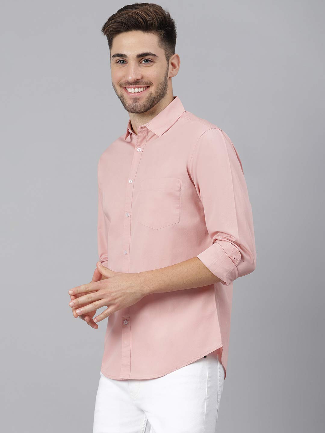 Dennis Lingo Men's Solid Dusty Peach Slim Fit Cotton Casual Shirt (C301_D-Peach_M) 2