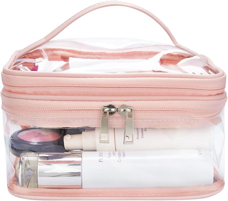 Necessaire transparente de PVC com duas camadas HAOGUAGUA rosa para maquiagem e viagem, com zíper, 1 unidade