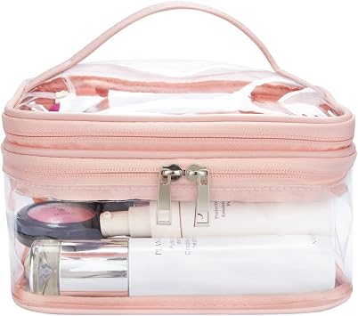 حقيبة مكياج شفافة من طبقة مزدوجة ، حقيبة أدوات تجميل مقاومة للماء ، شعر PVC شفاف & أمبير ؛ اكسسوارات الأظافر حقيبة الشاطئ منظم الوردي