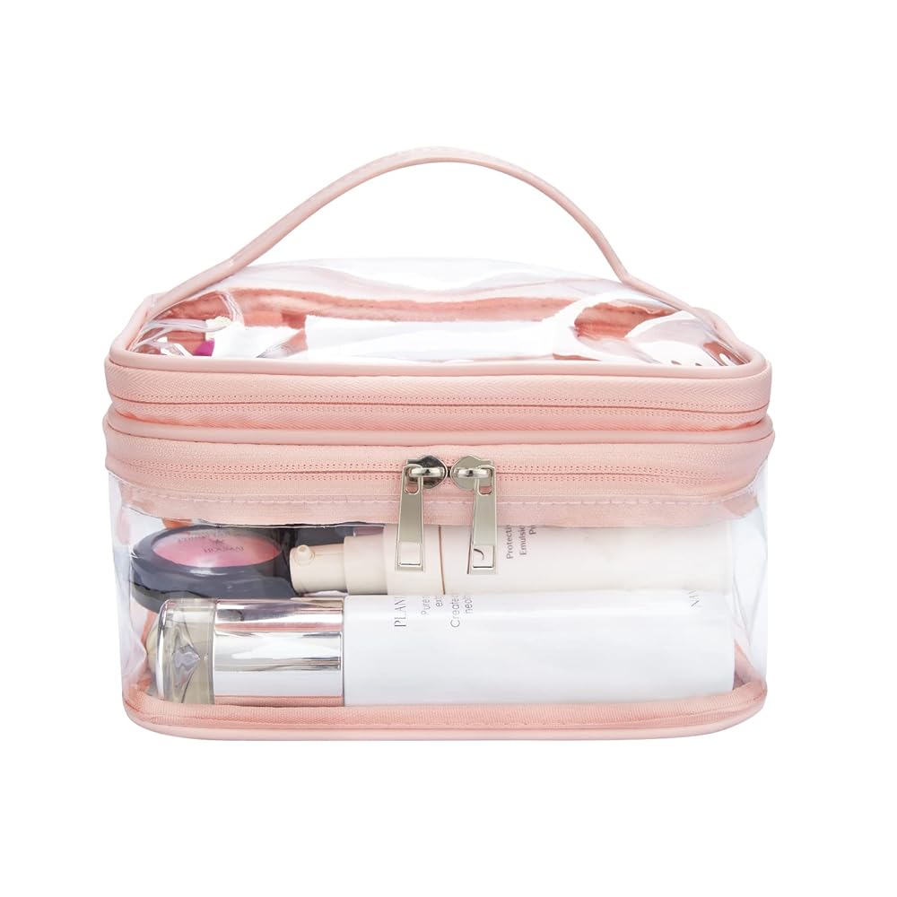 Double Layer Clear Cosmetic Bag Makeup Bag, Waterproof Travel Toiletry Bag, Transparent PVC Hair & Nail Accessories Pouch Beach Bag Organizer (Pink)