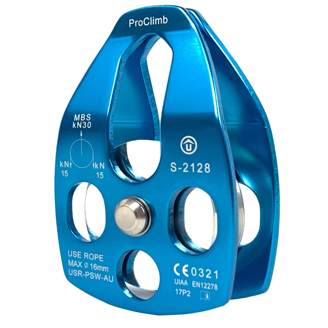 Polea de cuerda de aluminio de 30 kN con placa oscilante, certificado CE/UIAA, polea individual (azul) - Cuerda de 5/8 pulgadas