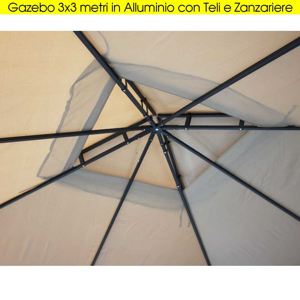 Bakaji Gazebo da Giardino 3x3 Mt Struttura in Alluminio con Copertura Telo 450 gr/mq Ghiaccio con Spalmatura Anti-UV. Antipioggia, completo di 4 Zanzariere e 4 Teli Laterali