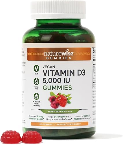 NatureWise Gomitas de vitamina D3 de 5000 UI, sabor mixto de bayas, gomitas de vitamina D para adultos, suplemento de apoyo inmunológico, fuerza