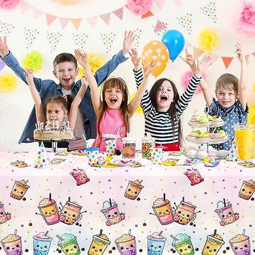Image of Boba Tea Party Decorations,3pcs Bubble Tea Birthday Tablecloths Waterproof Plastic Boba Table Covers for Boba Party Decorations
