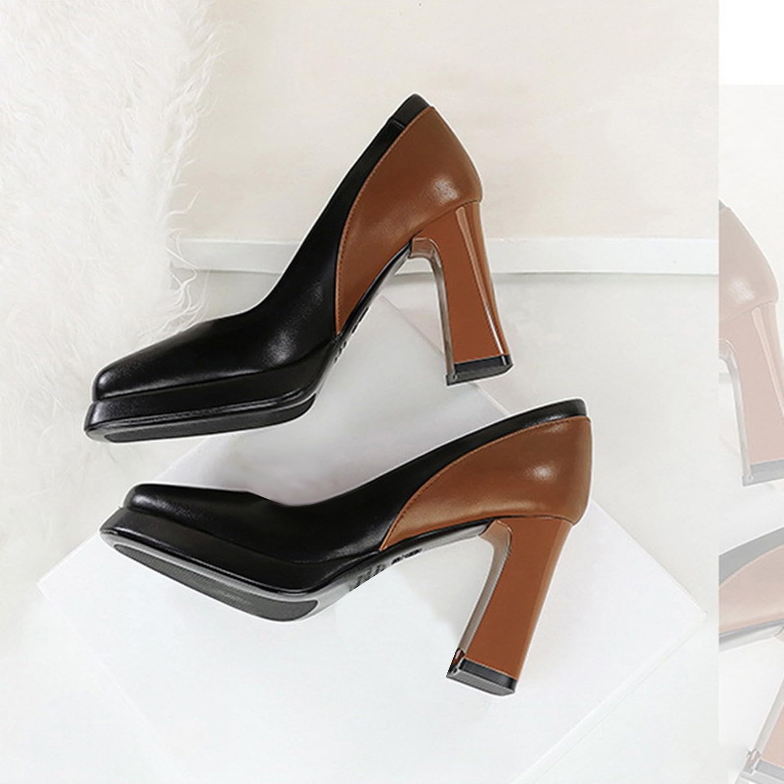 Zapatos de tacón para mujer elegantes con tacón de bloque con plataforma de piel
