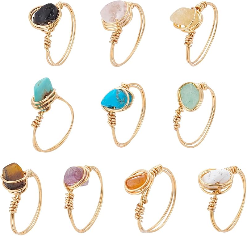 10Pcs 10 Styles Chakra Crystal Rings Gemstone Rings Copper Wire Wrapped Ring Irregular Colorful Gem Ring for Women