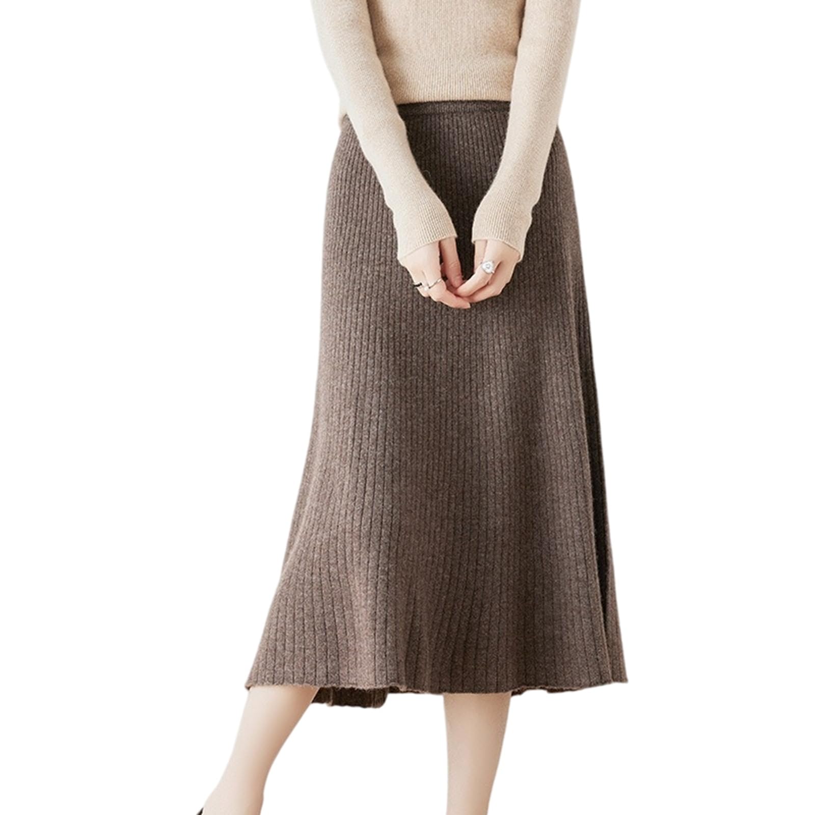Womens High Waisted Knit A-Line Skirt Midi Fall Winter Pleated Fit and Flare Skirt