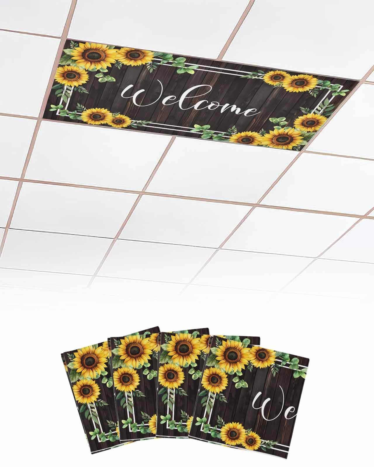 Sunflower 4 Pcs Fluorescent Light Covers for Ceiling Lights, Eucalyptus Leaves Wood Grain Magnetic Light Filters for Eliminate Harsh Glare Classroom Office Decoration, 4 x 2 Ft