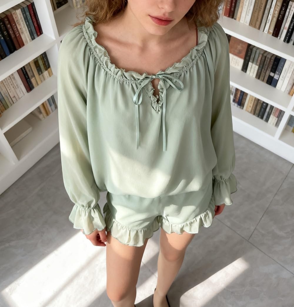 ROAONOCOMO Women Ruffle Pajama Set Long Puff Sleeve Babydoll Shirt Lace Trim Coquette Shorts Set Gingham 2 Piece Pj Outfit - Image 4