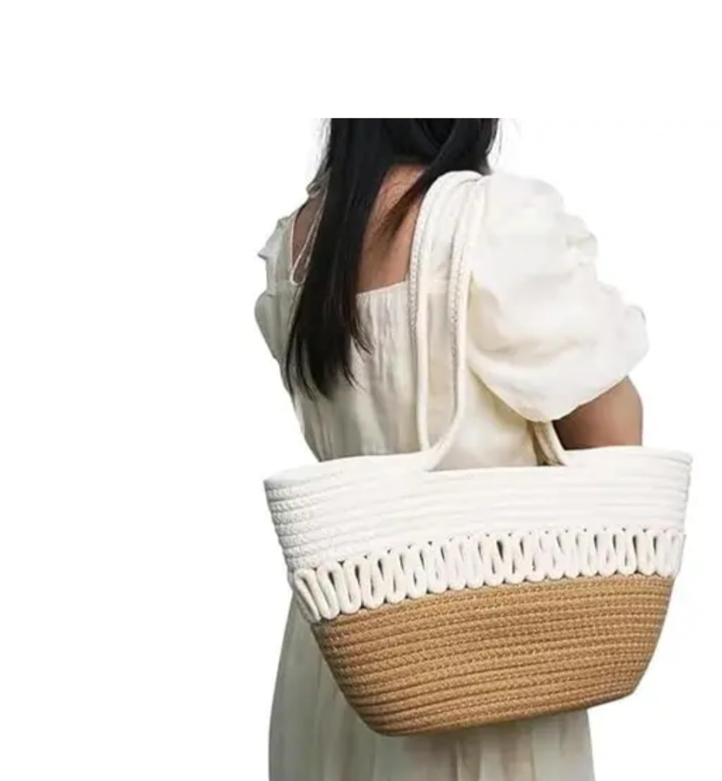 Bolsa de playa tejida de dos tonos, yute natural y algodón blanco, patrón decorativo