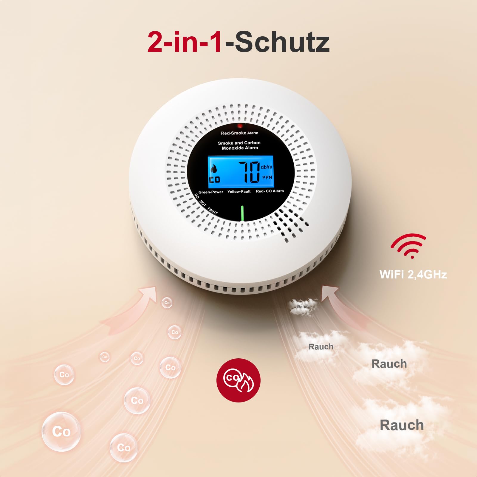 PHYSEN 2 in 1 WLAN Rauch und CO Melder, Rauchmelder und Kohlenmonoxidmelder mit Hochpräzise LCD-Digitalanzeige, Prüftaste und Austauschbare Batterie, EN14604 & EN50291 Standard Zertifiziert, 1St