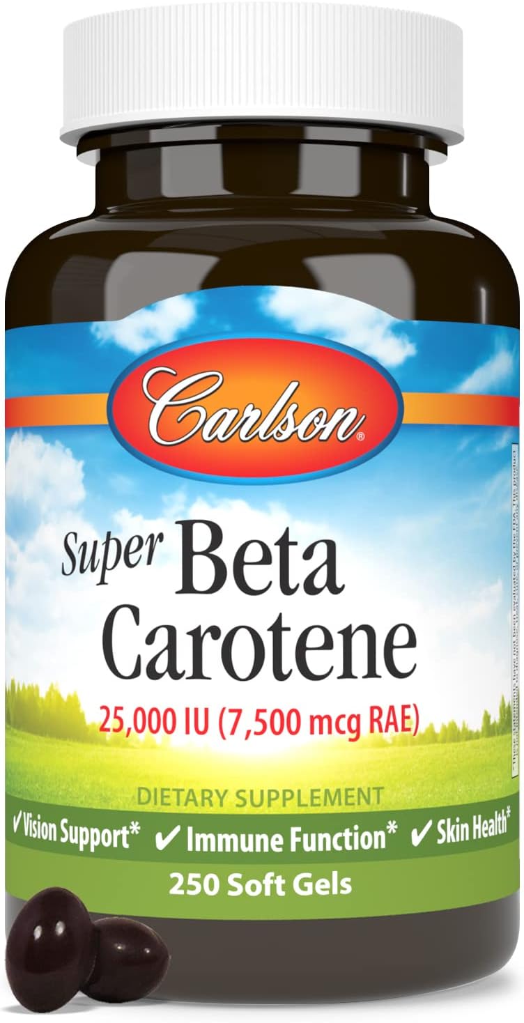 Carlson - Super Beta Carotene, 25000 IU (15 mg), Vitamin A as Beta Carotene, Bioavailable and Bioactive Form, Vision Health, Healthy Skin, 250 Softgels