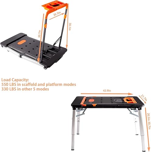 Miniatura 5 de Banco de trabajo portátil multifuncional plegable 7 en 1 con 4 ruedas, plataforma de trabajo, andamio, carretilla, caballo de sierra, enredadera de
