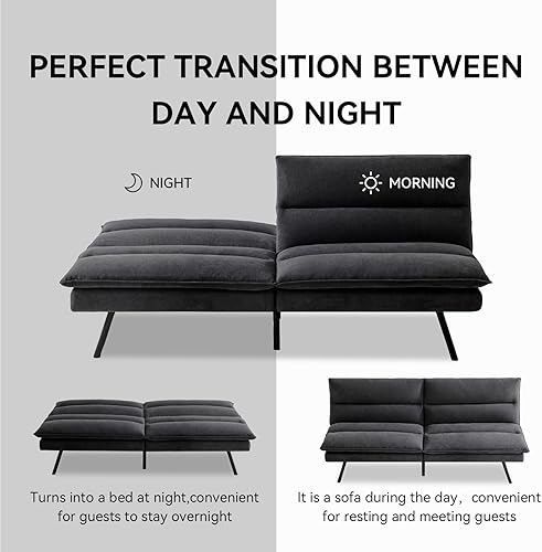 Miniatura 4 de Hcore Sofá cama, futón sin brazos de lino negro, sofá de espuma viscoelástica, sofá biplaza convertible para espacios pequeños y compactos,