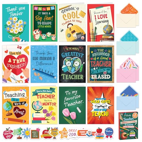 Decorably 12 Pack 5x7in Teacher Appreciation Cards with Envelopes and