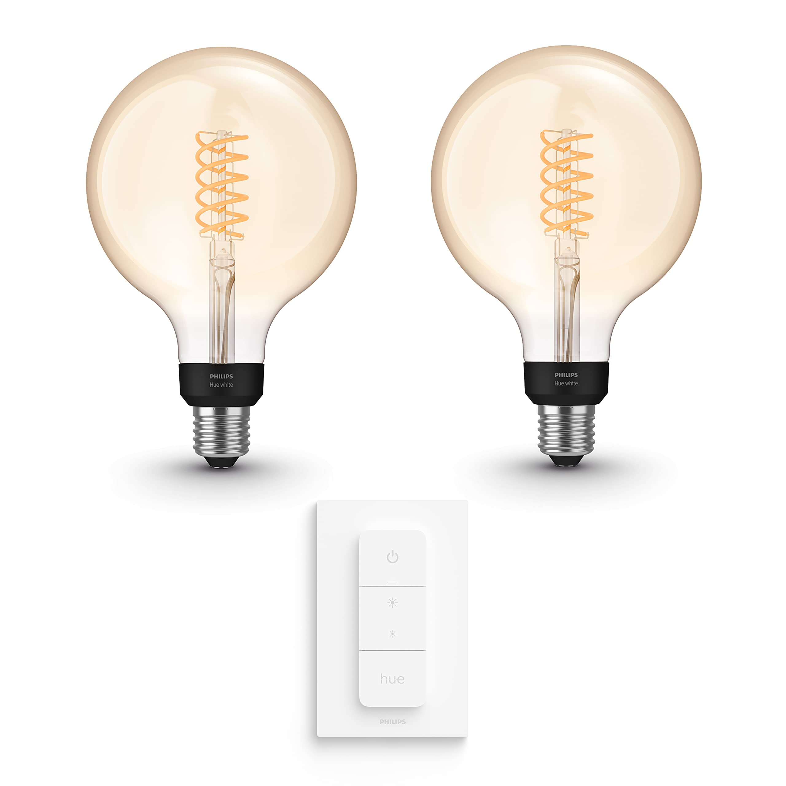 Philips Hue Conjunto Pack - E27-2 Bombillas Filamento Globe Grande (G125) - Luz blanca cálida - incl. Hue Regulador de intensidad - Hue White Filament