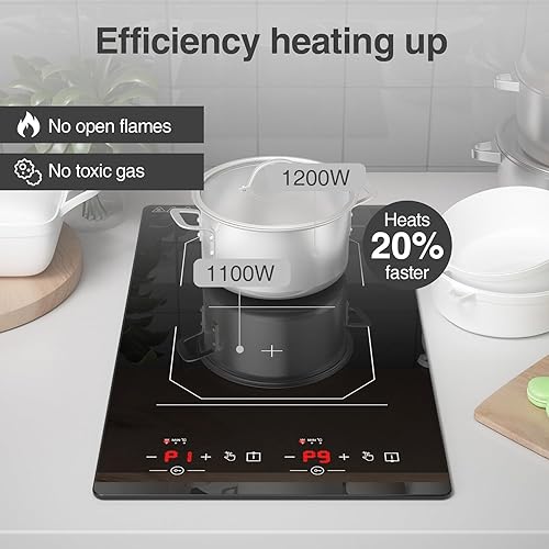 Miniatura 8 de Cocina eléctrica doble, estufa eléctrica de 110 V 2100 W, 9 niveles de potencia, bloqueo y temporizador para niños, indicador de superficie