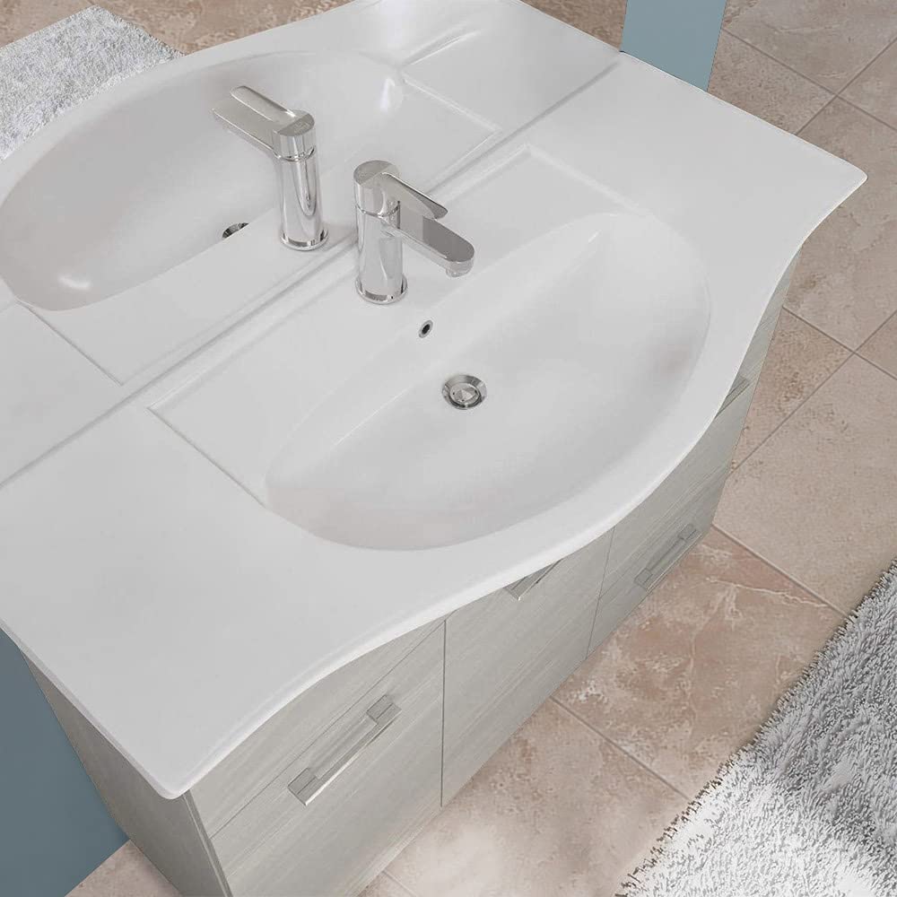 Inbagno Mobile Bagno a Terra Moderno, lavabo in Ceramica, Include specchiera con pensile e Illuminazione LED (Rovere Grigio, Larghezza 105 cm)