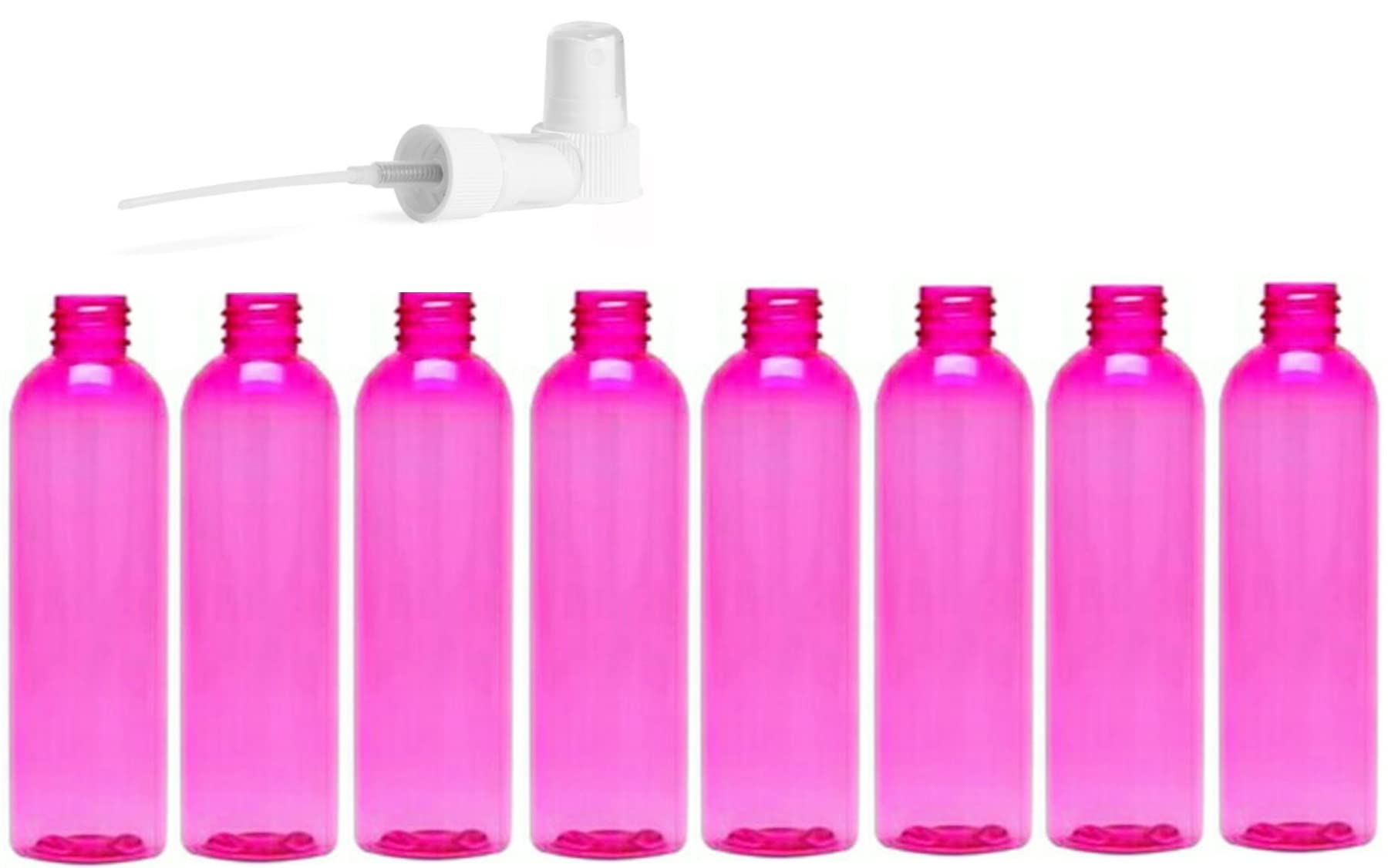 4 Ounce Cosmo Round Bottles, PET Plastic Empty Refillable BPA-Free, with White Ribbed Fine Mist Pump Spray Caps (8 count, Pink)