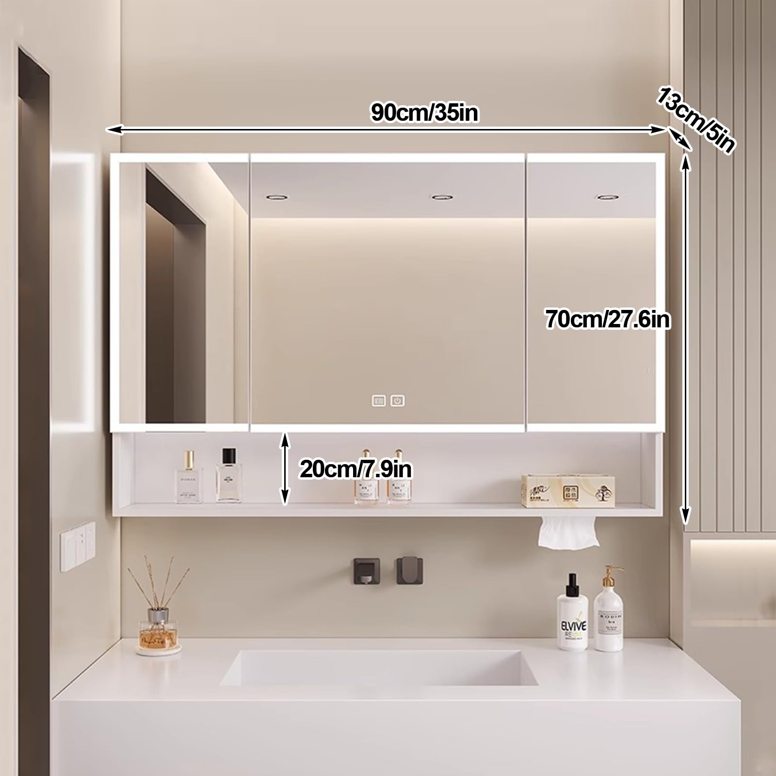 Espejo Baño con Luz, Antivaho, Espejo de Baño con Almacenaje, Armario Baño Pared, Mueble Espejos de Baño para Salón, Dormitorio