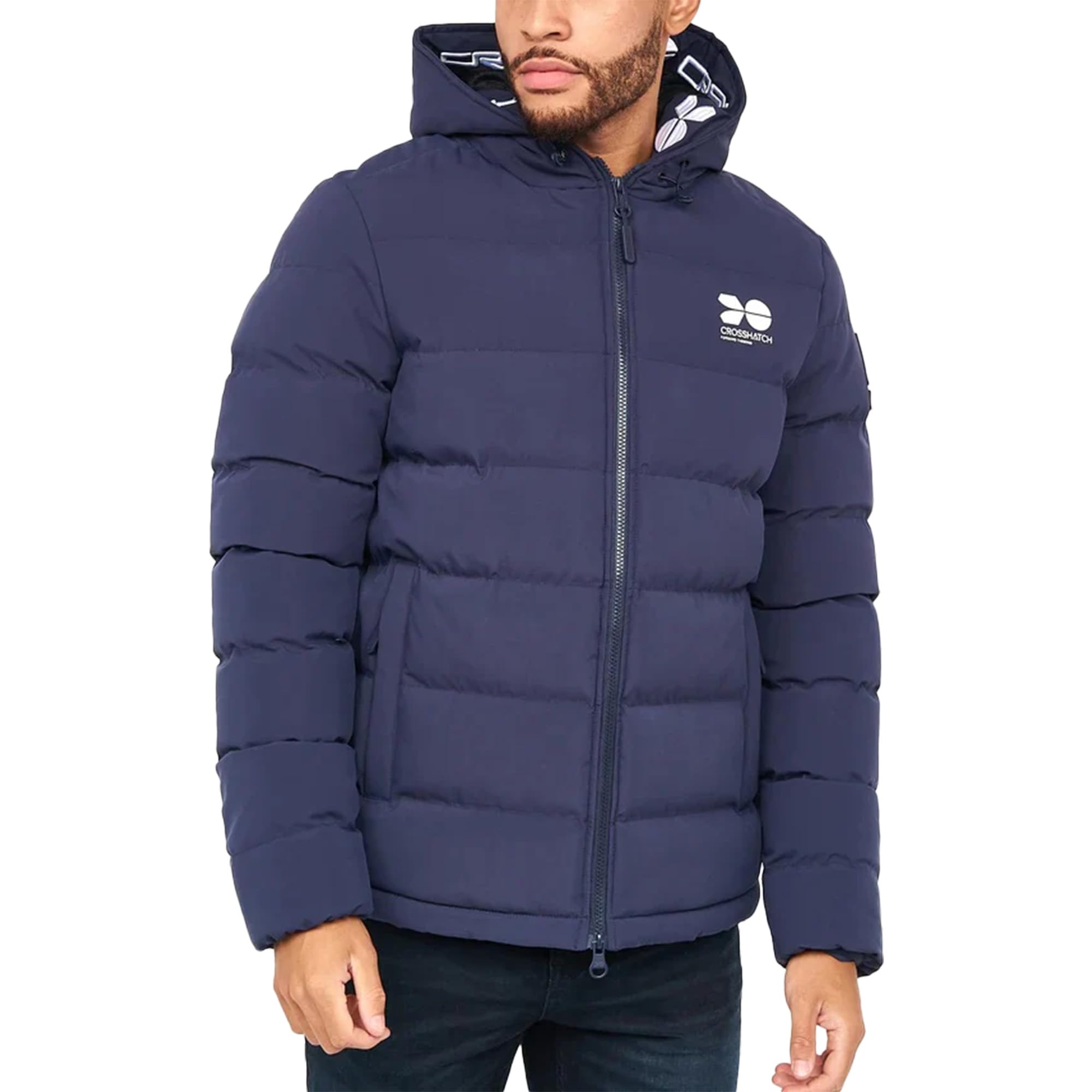 Crosshatch Mens Puffer Heavy Padded Fleece Lined Coat Jacket Fur Hooded Bubble, Navy, XL