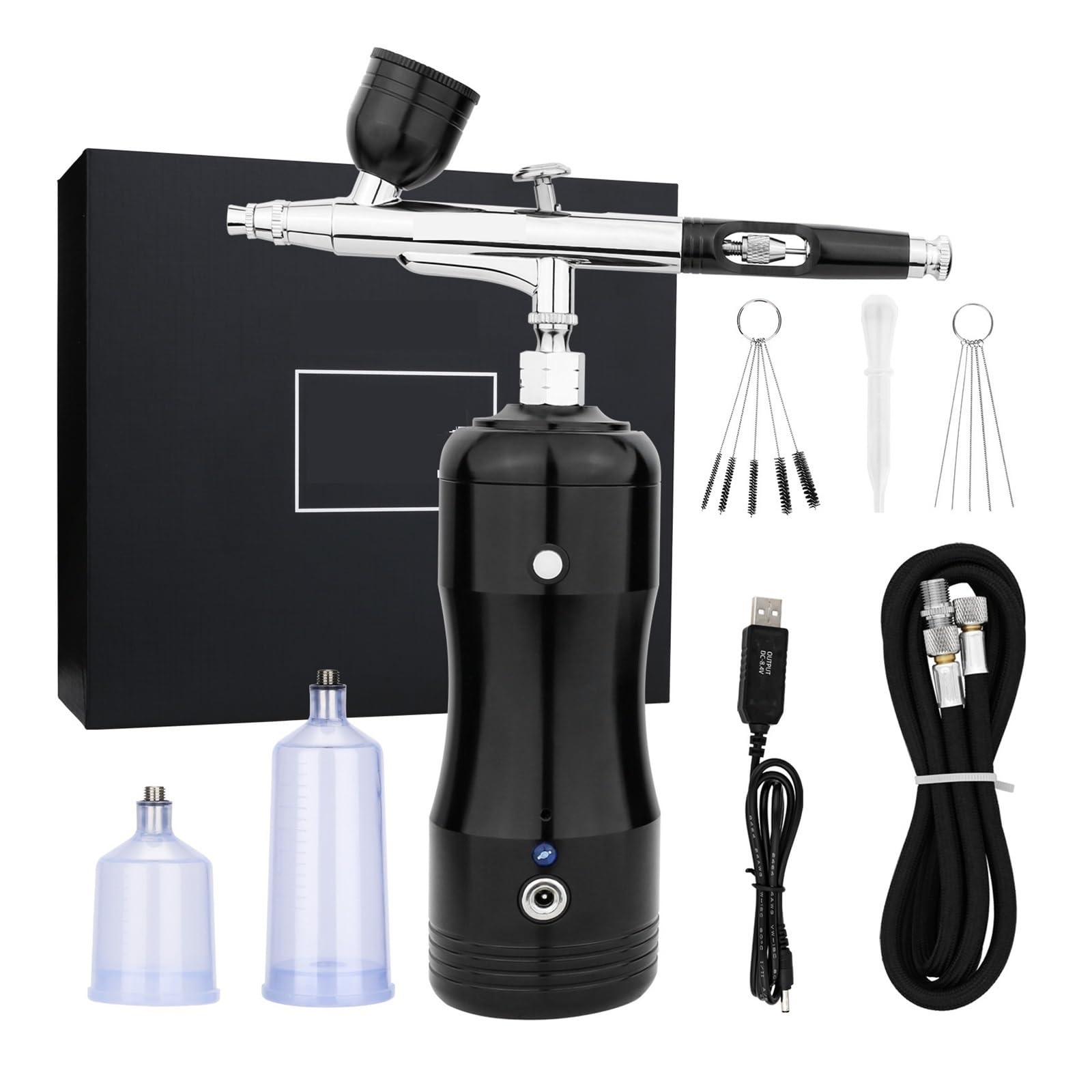 Zestaw Aerografu Z Automatycznym Zatrzymaniem Sprężarki Ręczny Bezprzewodowy Pistolet Pneumatyczny Gravity Feed Dual Action Rechargeable Precyzja Wysiłku Równomierny Strumień(Red)