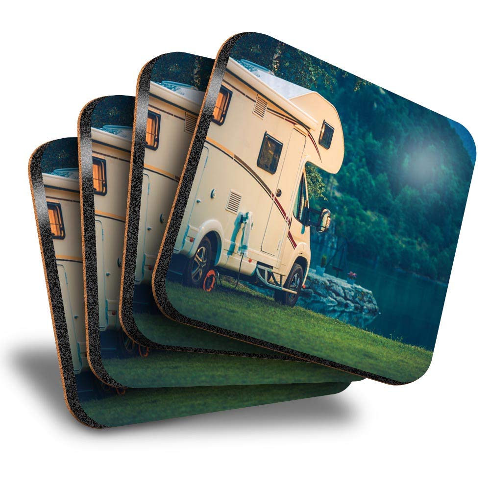 Destination Vinyl Ltd Great Coasters (Set of 4) Square - Camper Van Motorhome Camping Drink Glossy Coasters/Tabletop Protection for Any Table Type #16466