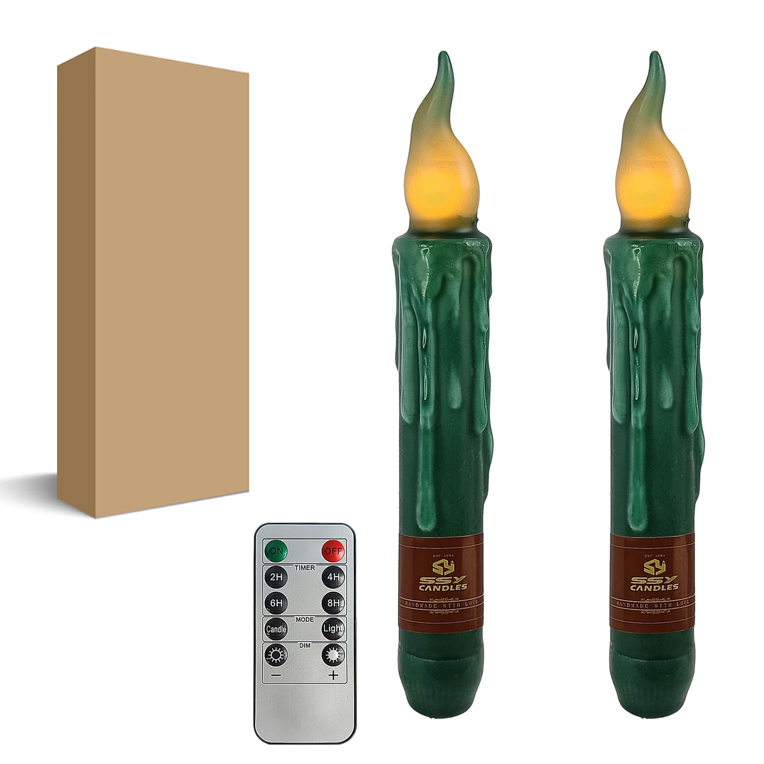 Dark Green Flameless Short Taper Candles, Real Wax Hand Dipped LED Battery Operated with Remote, Flickering Flame Lights for Festival Party Home Décor, 6.7 Inch Primitive Flameless Candles, 2PCS