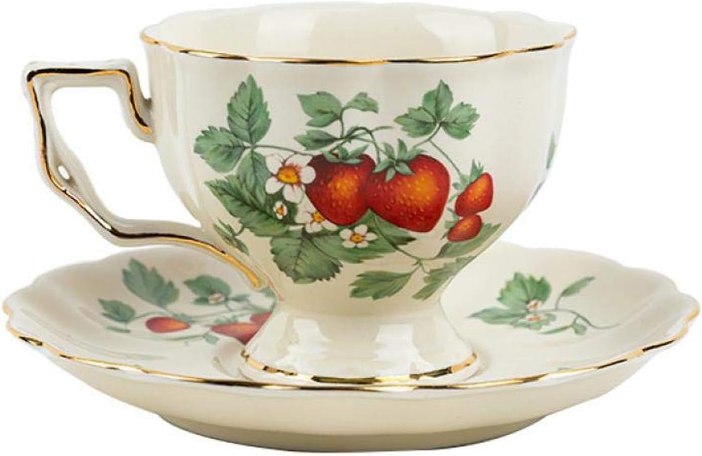 Tmore Tea Cup and Saucer Set, Strawberry Pattern 7.4 oz / 220 ml Ceramic Coffee Mug with Saucer and Spoon, Vintage Coffee Cup with Gold Trim for Women