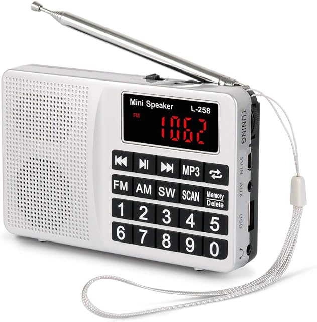 PRUNUS L-258 Small Radio Portable and Mains, AM(MW)/SW/FM Radio Rechargeable with Bass Speaker, Large Button and Display. Stores Stations Automatically.(NO Manual Memory Stations Function)