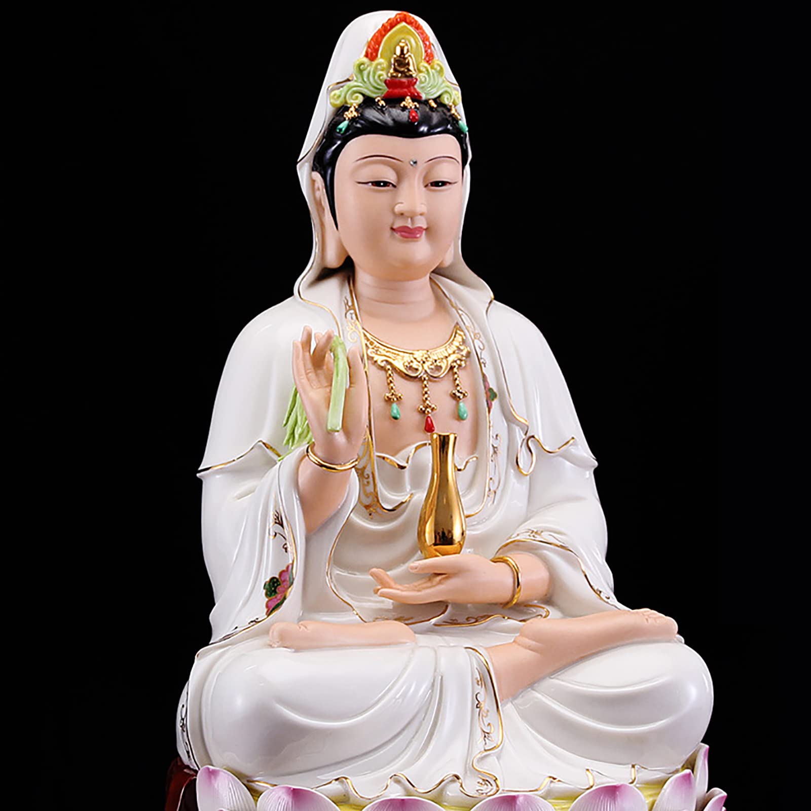 Quan Yin Statue、純木の慈悲の女神 蓮の観音仏像|ホームオフィス装飾 