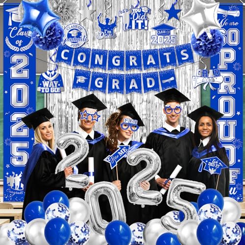Image of Silver and Blue Graduation Decorations, Congrats Grad Banner, Photo Props, Balloons, Fringe Curtains, Class of 2025