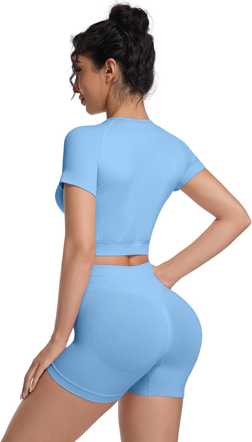 OVESPORT 2 Piece Workout Sets for Women Impact Crop Top Shirts and Seamless Gym Shorts Outfits - Image 2