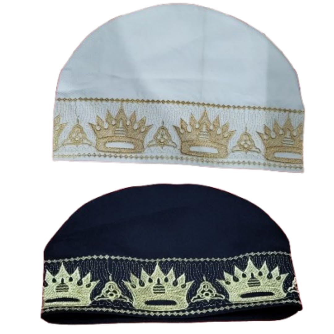 Tajushshariya Topi, Traditional Islamic Prayer Cap, with Golden Taj Crown Embroidery, Symbol of Faith and Dignity Off White, Black,