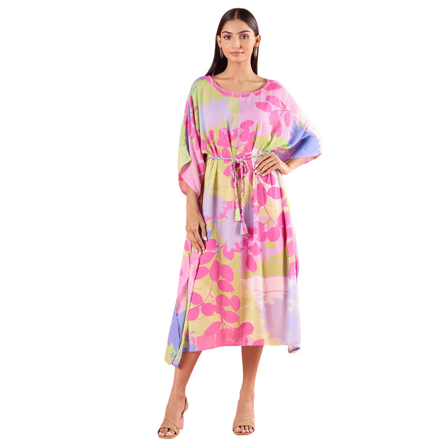 navyasa pink liva muslin jacquard digital print kaftan for women-image-20