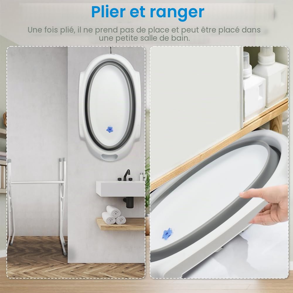 OHMG 3 in 1 Baignoire Ergonomique pour Bébé avec Support et Table à Langer,Fermeture Compacte,baignoire pliable bebe,baignoire bebe sur pied,bain bebe,pour nouveau-nés jusqu'à 3 mois