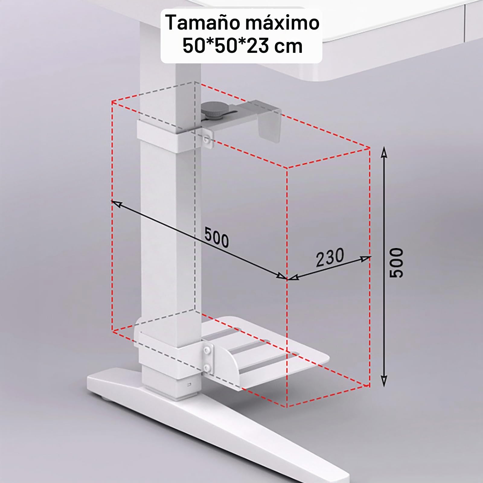 Soporte PC Bajo Escritorio, Instalación sin Taladros, Resistente hasta 18 kg, Ajustable en Altura y Anchura, Soporte Torre PC Bajo Mesa para Escritorios de Pie (Patas de Mesa de 65 x 45 mm) Blanco