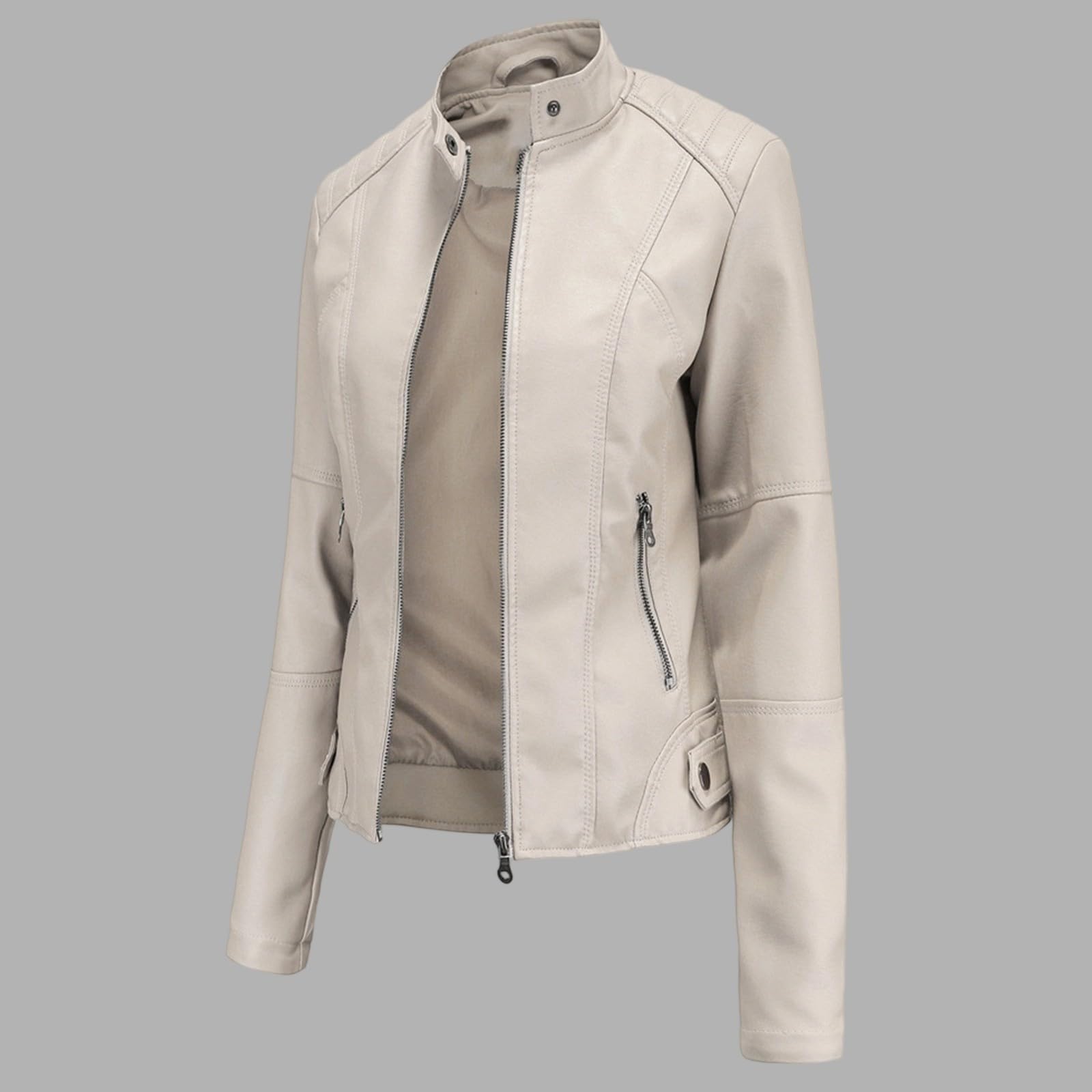 Veste courte en cuir pour femme - Col montant - Veste en cuir synthétique - Fermeture éclair - Grande taille - Veste en cuir pour femme - Automne et hiver - Veste demi-saison en cuir synthétique
