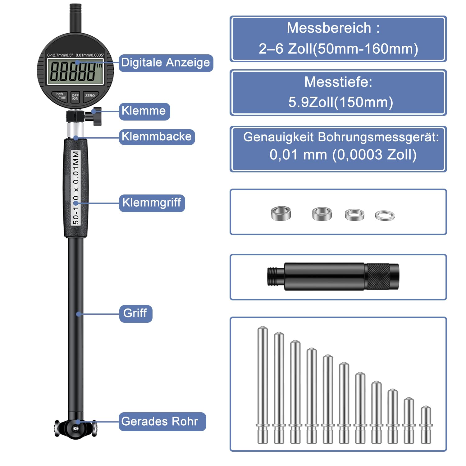 Digital Bohrungslehre Messuhr Set 50-160 mm, Bohrungsmessgerät Messuhr Präzision 0,01 mm, Innendurchmesser Metrisch/Zoll Anzeige mit 12 Messspitzen für Formabweichungen （Schwarz）
