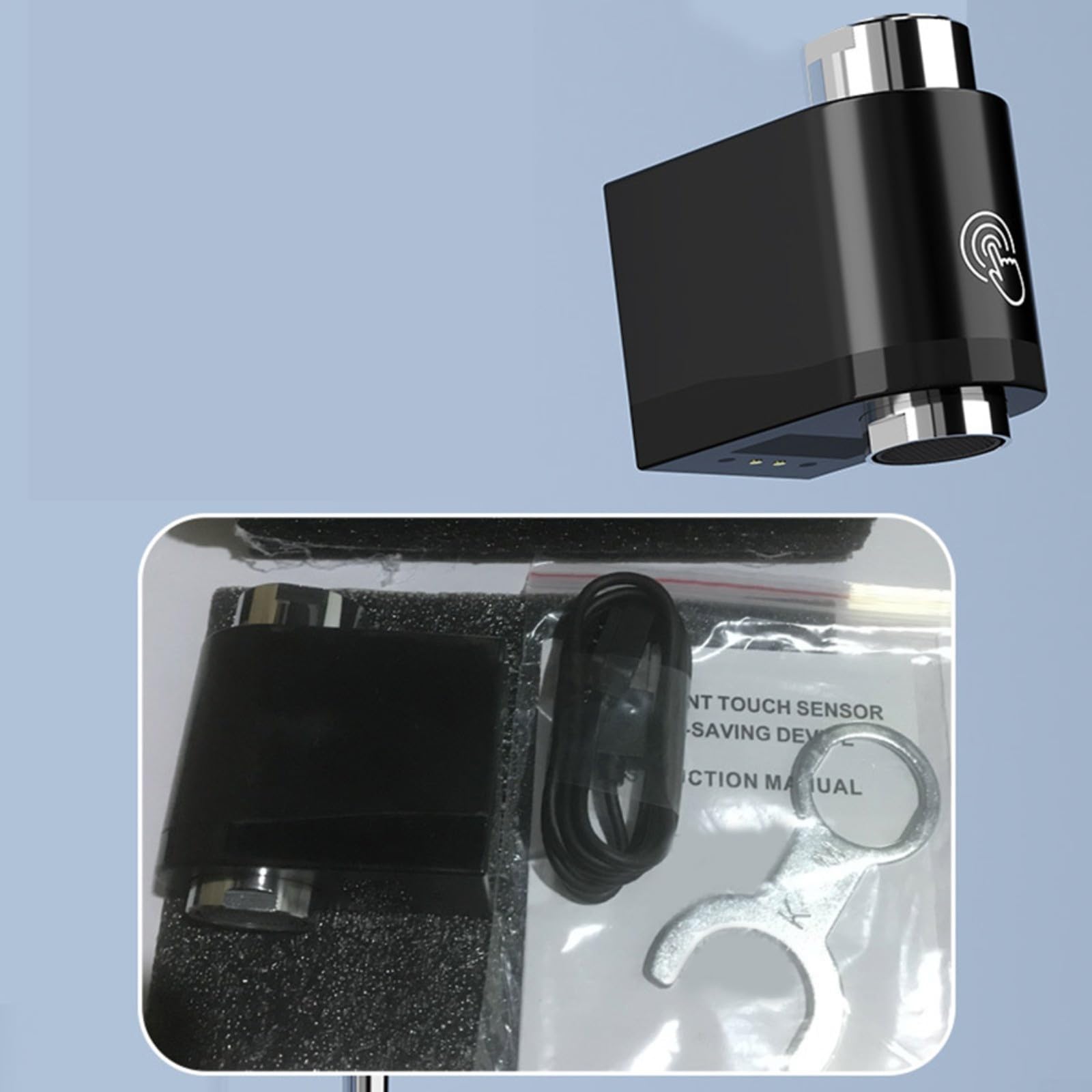 Adaptador inteligente de grifo de ahorro de agua infrarrojo de doble detección con sensores laterales inferiores para baño, cocina, fregadero IPX6, control de temperatura impermeable (negro)