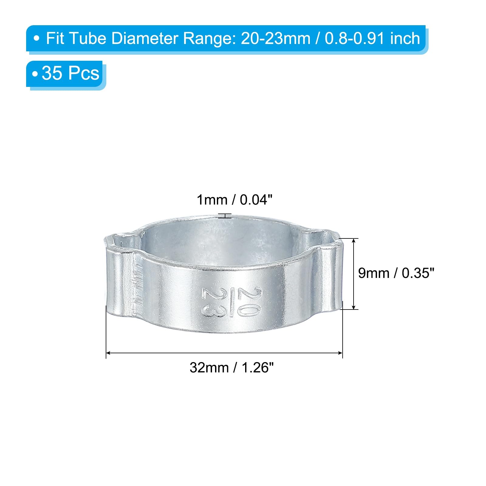 PATIKIL 35 Pack 20-23mm Double Ear Hose Clamp, Galvanized Steel O Clip Crimp Rings for Fuel Petrol Pipe Tube Fitting Connections, Silver Tone - Image 2