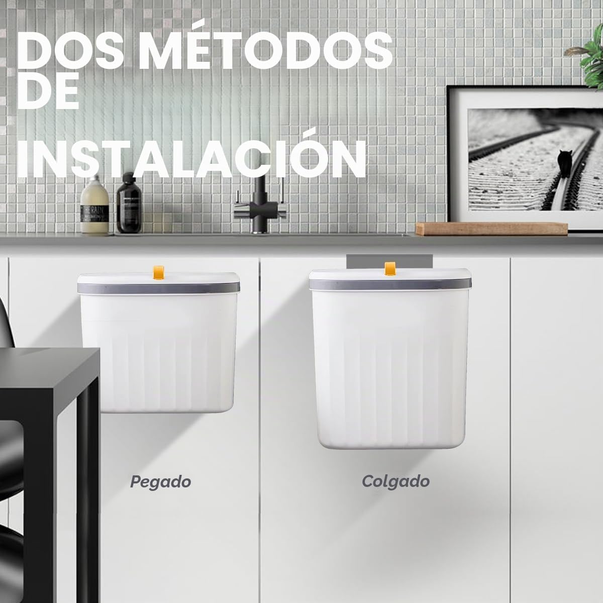 JUVEL Juego de papeleras colgantes para la cocina con tapa, 10L+8L papeleras de compost para la encimera o debajo del fregadero, papelera de plástico montada en la pared para baño/autocaravana