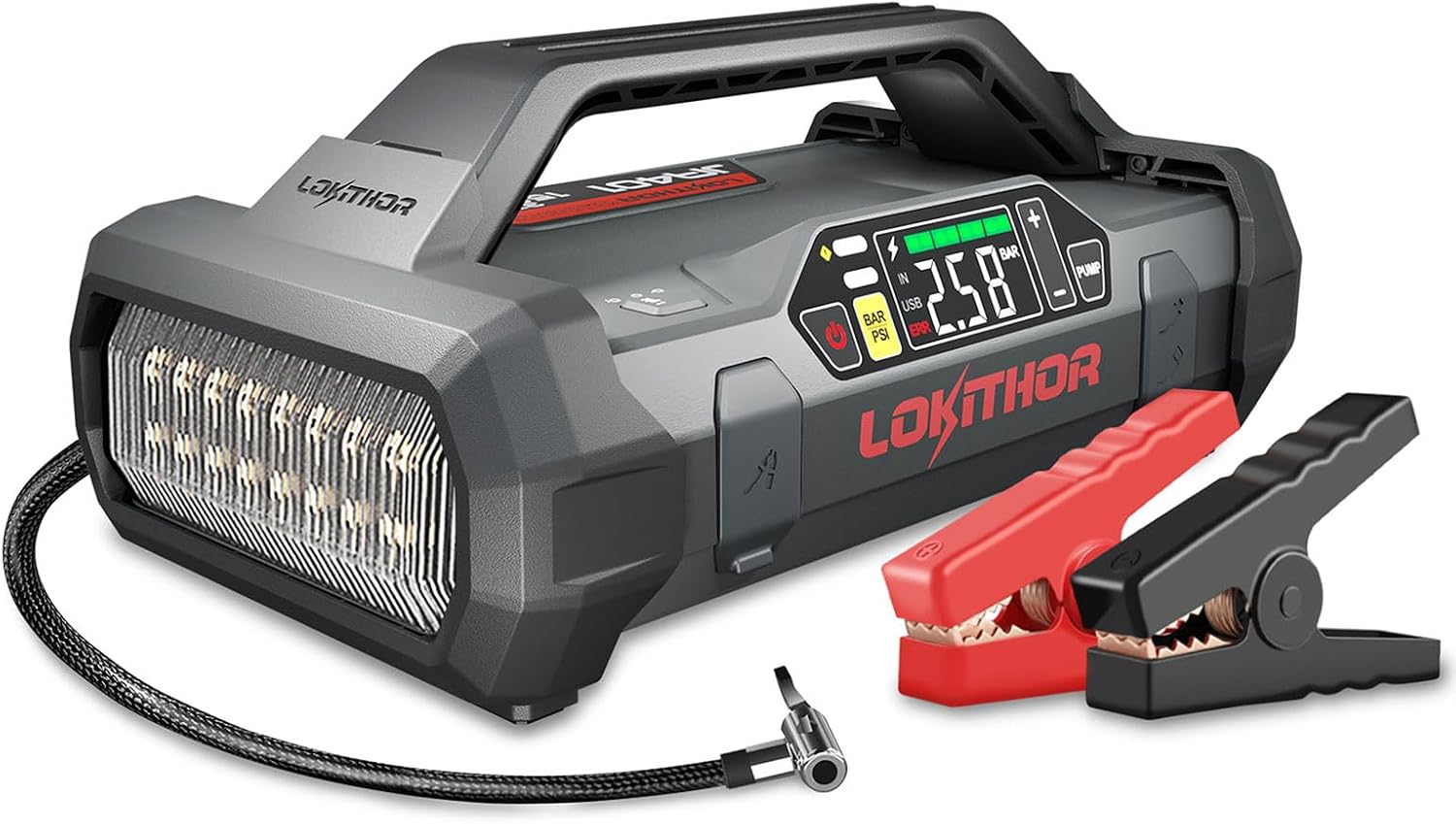 LOKITHOR JA401 3750A Jump Starter with Air Compressor, 60W Two-Way Fast Charing, 12V Lithium Battery Starter with 150PSI Auto-Shutoff Tire Inflator, Booster Pack for 10.0L Gas or 8.0L Diesel Engines