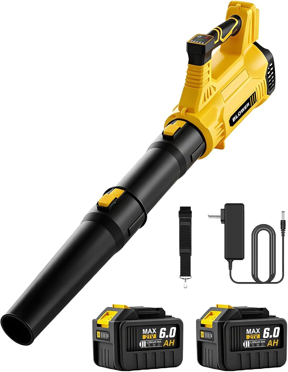 Soplador de hojas inalámbrico para soplar hojas, 6 modos de velocidad y modo Turbo | 800 CFM de volumen de aire y velocidad TURBO; con 2 Baterías y Cargador; para el cuidado del césped, limpieza de patios y polvo