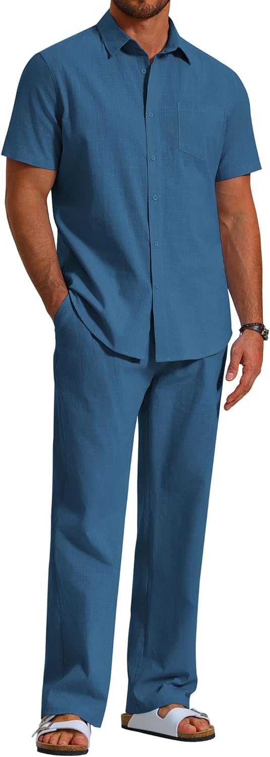 COOFANDY Men's 2 Piece Linen Beach Outfits Short Sleeve Button Down Shirts Loose Pants For Men