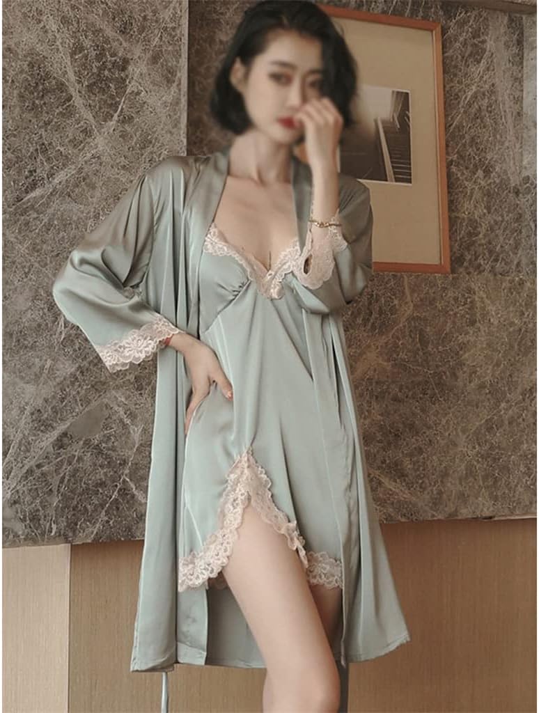 YYZKYTO Spring Thin ice Silk Suspenders Pajamas for Women with Chest Pads, Split Pajamas for Summer,D-XL
