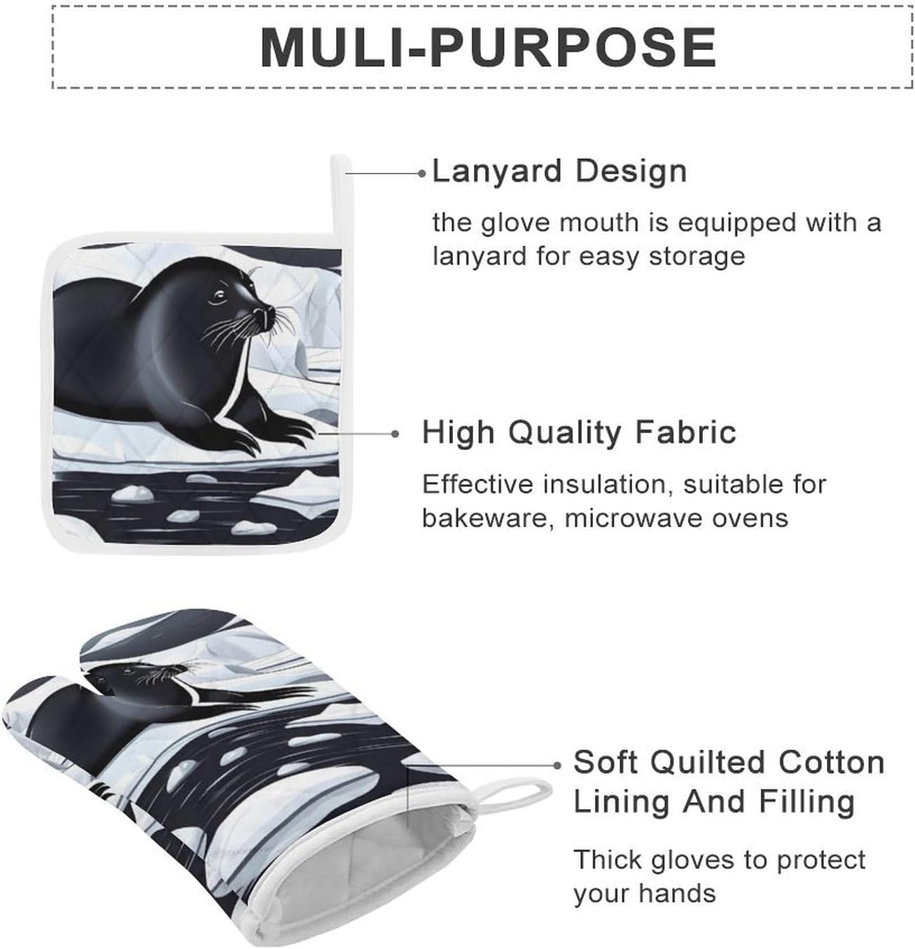 Oven Mitts Pot Holders Kitchen Seals on Ice Heat Resistant Oven Glove for Baking and Cooking